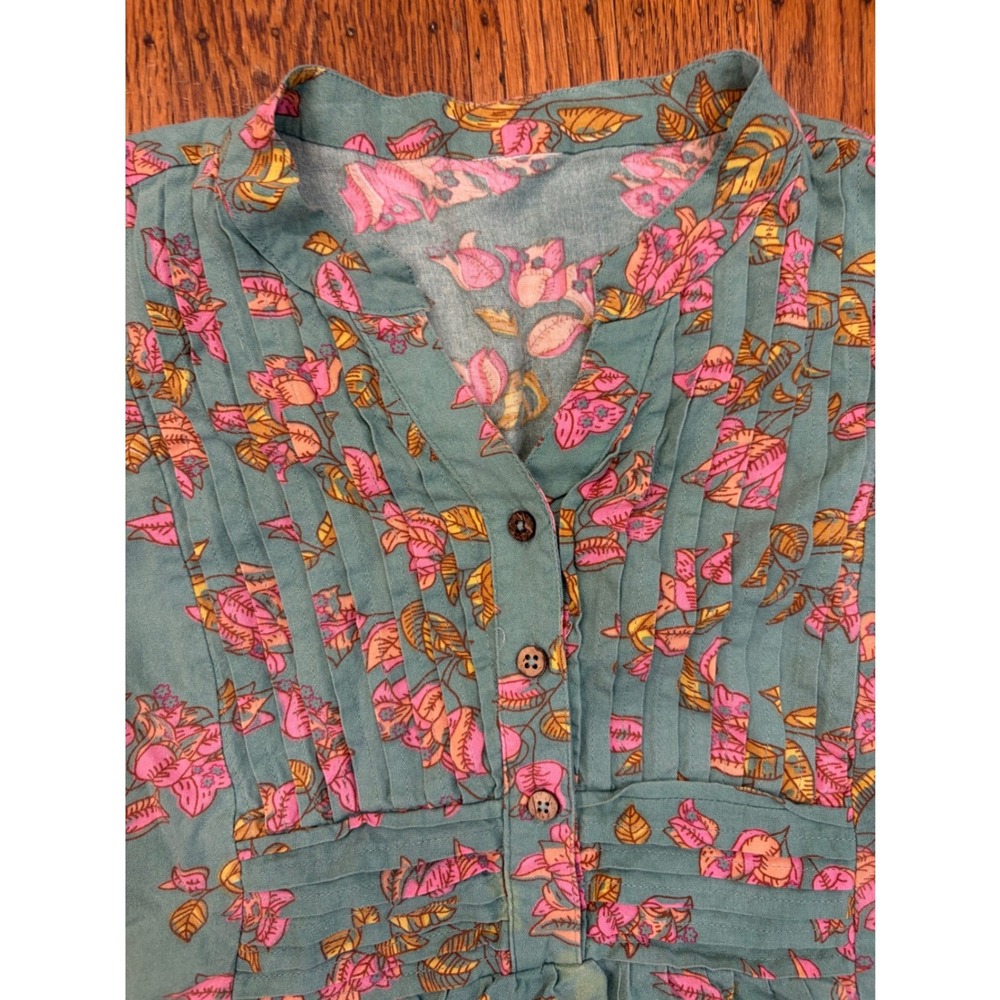 Boho Floral Pintuck Tunic Top Teal Green Pink 3/4 Sleeve Striped Cuff Medium - Picture 2 of 4